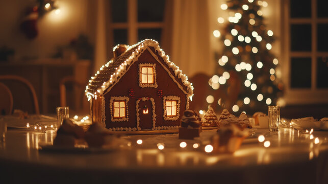 Festive gingerbread house with twinkling holiday lights for christmas decor - Powered by Adobe
