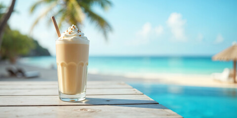 Refreshing iced coffee topped with cream and cinnamon served on a tropical beach during a sunny day.