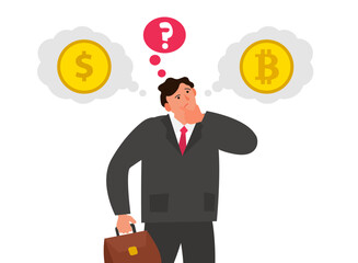 dollar or bitcoin choice thinking man making decision vector illustration