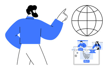 Businessman pointing at icons of shopping cart and globe. Ideal for e-commerce, online shopping, global marketing, digital business, internet economy, customer engagement, web transactions. Line