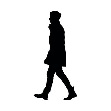 recommend clip art: a silhouette of a person walking in a stylish trench coat and boots