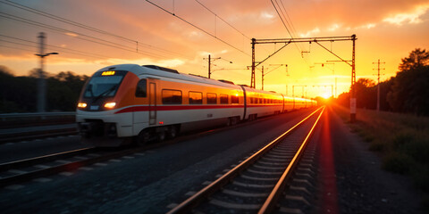 Obraz premium An atmospheric image capturing a speeding train during sunset at a modern train station, highlighting the themes of travel, movement, and urban life with a warm glow of sunlight.