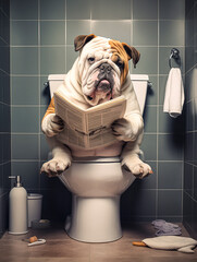 Bulldogge sitzt auf der Toilette und liest Zeitung, Toilettenbilder mit Hund, Haustier Portrait Toilettenschild, Lustige Toiletten Regeln mit einem Hund, 