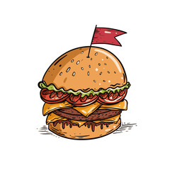 A Beautifully Illustrated and Delicious Burger Complete with Various Toppings and a Flag