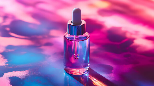 Glass Dropper Bottle with Purple and Blue Gradient Background - Abstract Still Life Illustration