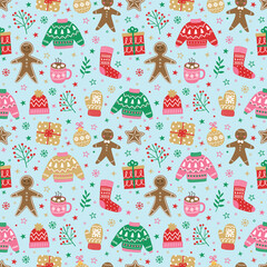Christmas background. Colourful cute cartoon ornament. Seamless texture. Vector illustration
