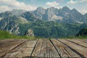 Fototapeta premium wooden table top with the mountain landscape