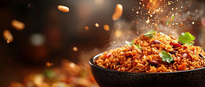 Delicious Mexican arroz rojo with beans  with spices and herbs.