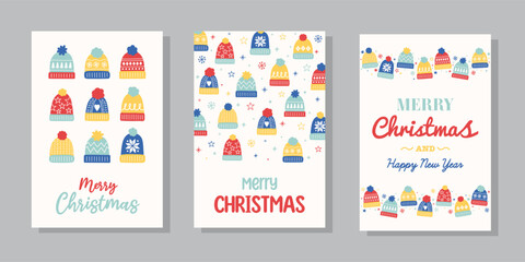 Colourful Christmas greeting card set with cute winter hats. Poster with festive decoration. Vector illustration