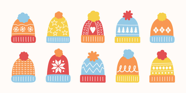 Colourful cartoon winter hat set. Christmas elements. Vector illustration