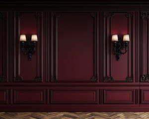 Rich burgundy wall, black iron sconces, wooden decor in a photorealistically rendered room.