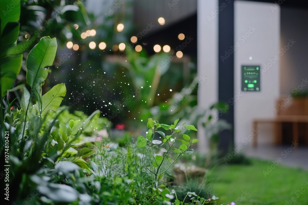 Poster this smart garden showcases lush greenery, automated sprinklers, and soil sensors, creating a serene