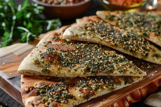 Closeup of Zaatar Pita Bread on Wooden Cutting Board
