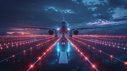 Airplane on Runway with Red and Blue Lights at Night