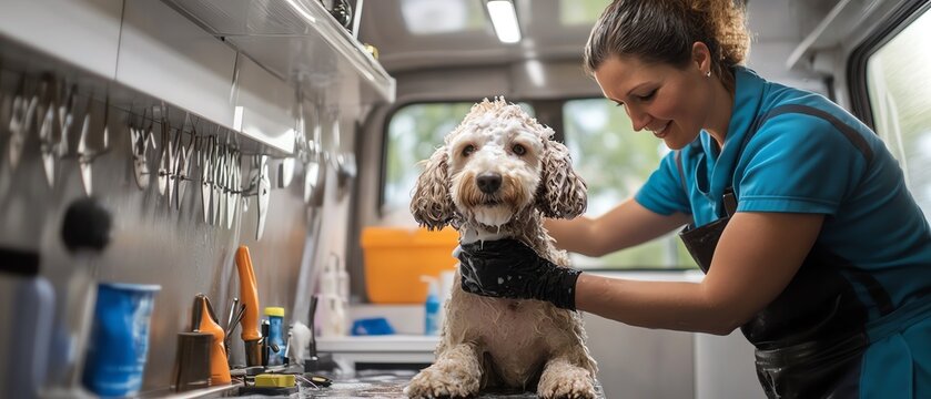 Professional groomer washes dog in mobile grooming van
