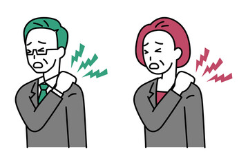 肩こりがつらい中年のスーツの男女　セット