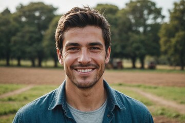 Close portrait of a smiling young Uruguayan male farmer standing and looking at the camera, outdoors Uruguayan rural blurred background