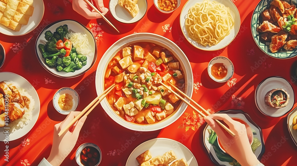 Wall mural Chinese New Year family dinner on red tablecloth hands with chopsticks eating 