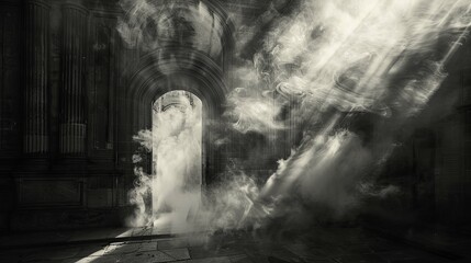 A Stone Archway Filled with Smoke and Sunlight