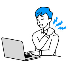 ノートパソコンの仕事中に肩こりがつらいカジュアルな男性