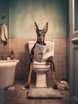 Dobermann sitzt auf der Toilette und liest Zeitung, Toilettenbilder mit Hund, Haustier Portrait Toilettenschild, Lustige Toiletten Regeln mit einem Hund, 