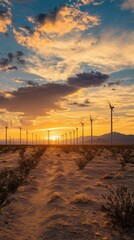 Wind turbines generating clean energy at sunset in the desert