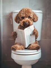 Labradoddle sitzt auf der Toilette und liest Zeitung, Toilettenbilder mit Hund, Haustier Portrait Toilettenschild, Lustige Toiletten Regeln mit einem Hund, 
