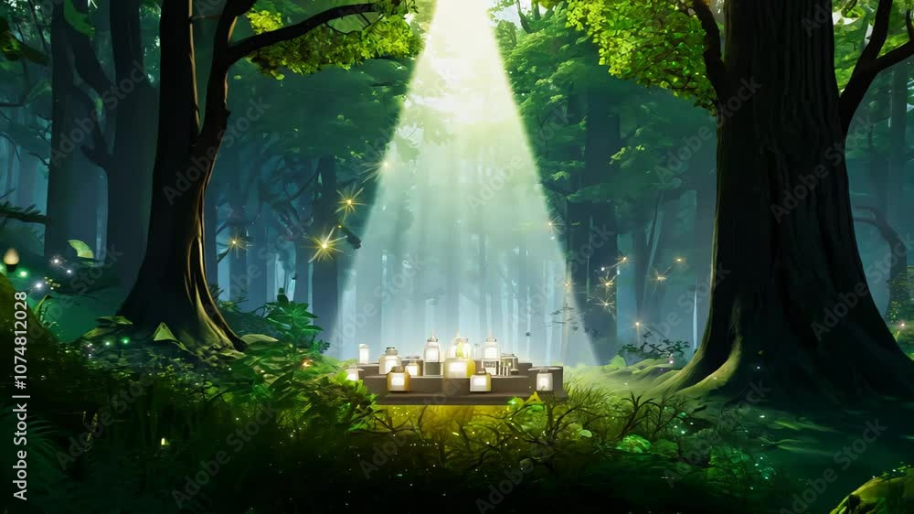 Poster magical forest scene with lush trees and beams of sunlight filtering through, creating an ethereal a