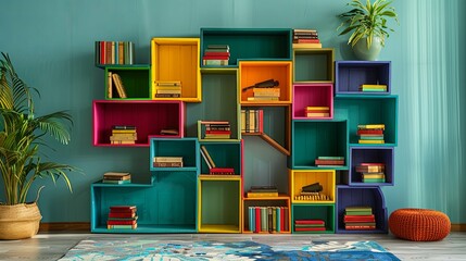 Colorful Bookshelf with Various Books and Decorations