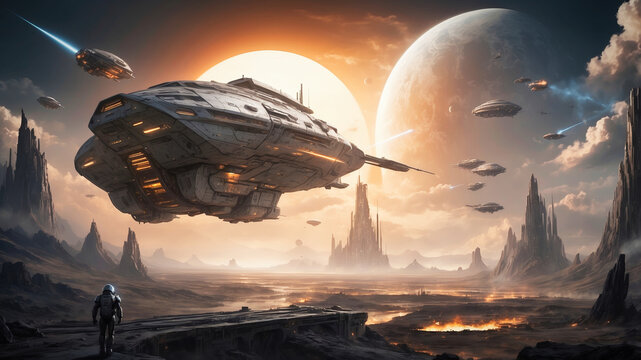 An alien planet with a heavy starship taking off