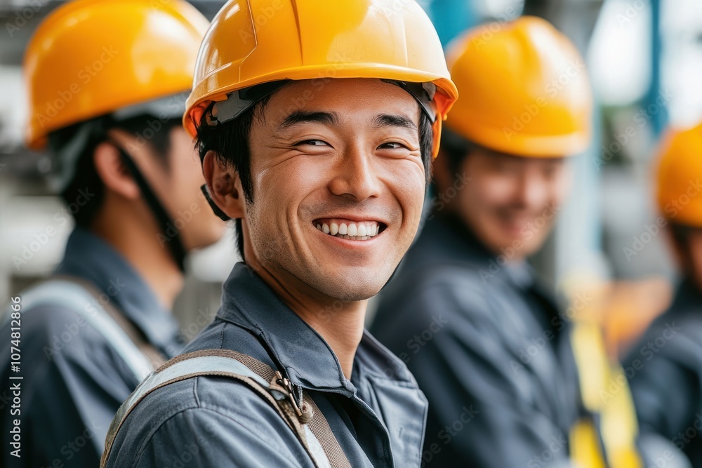 Poster smiling construction worker in uniform.