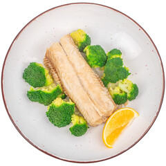 white fish meal with green broccoli, fish with vegetables isolated on white background. clean diet concept