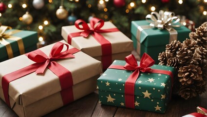 Wrapped gifts under a decorated christmas tree, christmas wallpaper, commercial banner	