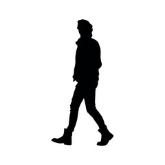 a silhouette of a person wearing a leather jacket, jeans, and boots, walking with a confident, slightly rebellious attitude