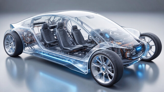 Digital rendering of a transparent high tech electric car