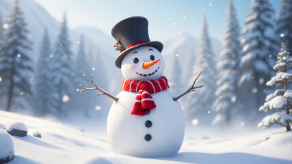 Obraz premium Winter holiday scene with a smiling snowman in the snow