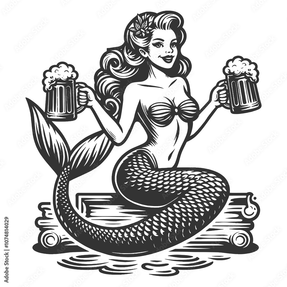 Poster mermaid with two large beer mugs sketch engraving generative ai fictional character raster illustrat