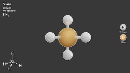 Molecule: Silane. Poisonous gas. Molecular structure. Formula: H4Si. Chemical model: Ball and stick. Gray background. 3D illustration.