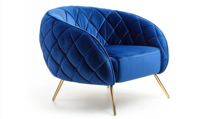 Naklejka premium A stylish blue upholstered armchair with a quilted design and gold legs, ideal for modern interiors.