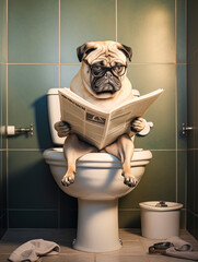 Mops sitzt auf der Toilette und liest Zeitung, Toilettenbilder mit Hund, Haustier Portrait Toilettenschild, Lustige Toiletten Regeln mit einem Hund, 