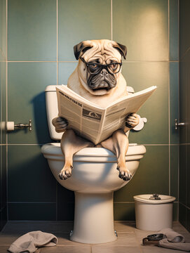 Mops sitzt auf der Toilette und liest Zeitung, Toilettenbilder mit Hund, Haustier Portrait Toilettenschild, Lustige Toiletten Regeln mit einem Hund, 
