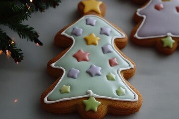 Colorful iced gingerbread cookies shaped like Christmas trees with decorative stars.