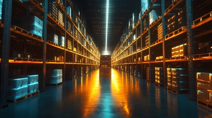 Smart warehouse. Automatic stock storage, modern distribution building, ecommerce warehouse, digital logistics, smart package hardware, AI delivery system, innovation in cargo, commercial storehouse