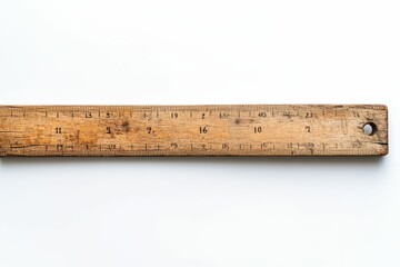 A worn wooden ruler with numbers.