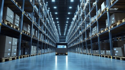 Fototapeta premium Smart warehouse. Automatic stock storage, modern distribution building, ecommerce warehouse, digital logistics, smart package hardware, AI delivery system, innovation in cargo, commercial storehouse