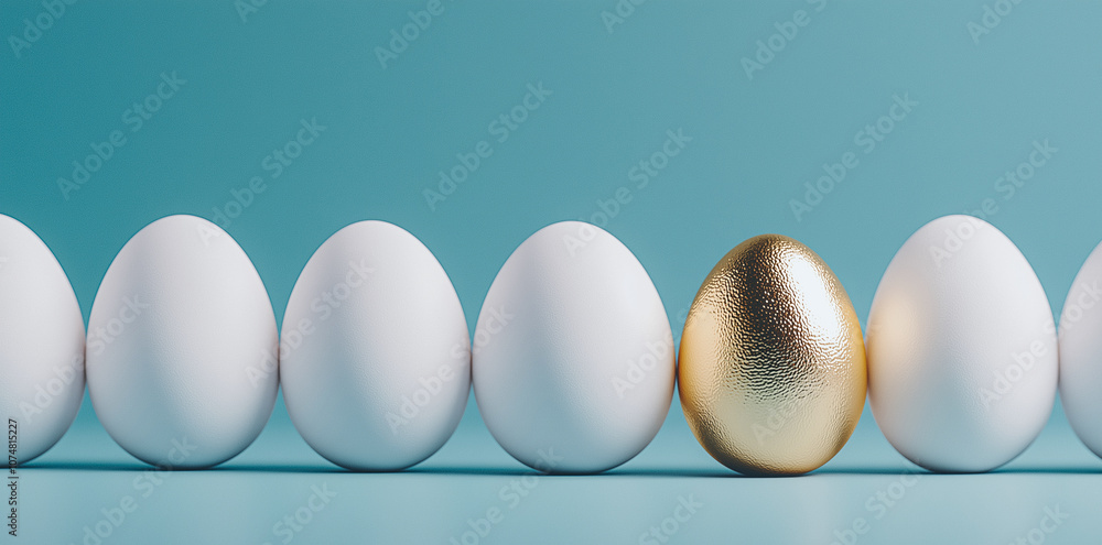 Poster row of white eggs with one golden egg in middle creates striking visual contrast, symbolizing unique