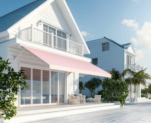 Fototapeta premium Beautiful beach home with white walls, silver roofing, and blush-colored awning.