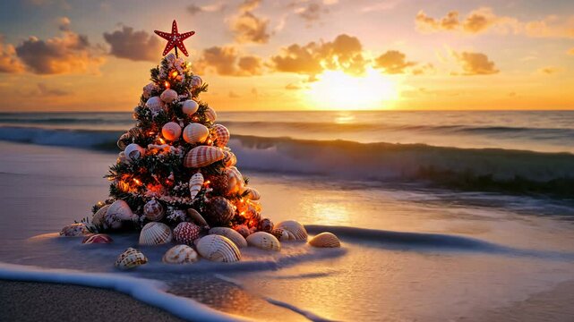 Christmas tree decorated with seashells and starfish on a beach at sunset. Tropical Christmas and holiday celebration concept	
