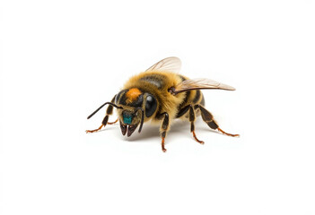 Macro close-up of a honey bee isolated on white background, showcasing detailed textures of its wings, eyes and furry body. For entomology, pollination, and biodiversity concepts in nature and science