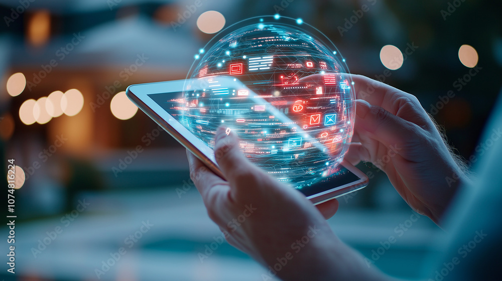Poster person holding tablet displaying digital hologram of globe with icons representing communication and